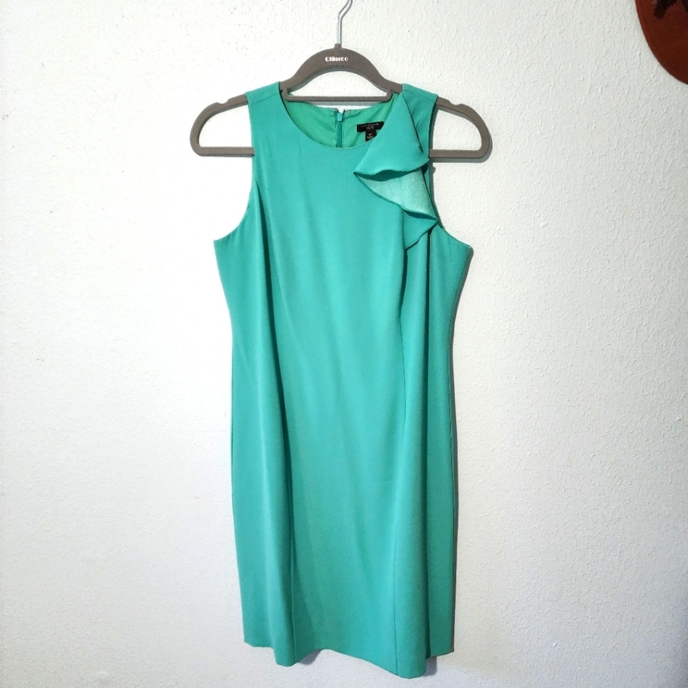 Ann Taylor 8 petite blue green sleeveless midi fitted dress ruffle lined
